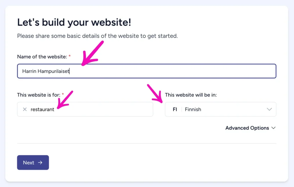 ZipWP-opas: Näin teet itse WordPress-sivuston tekoälyllä Toisessa vaiheessa ZipWP pyytää lisäämään yrityksen nimen, tyypin ja sivuston kielen.
