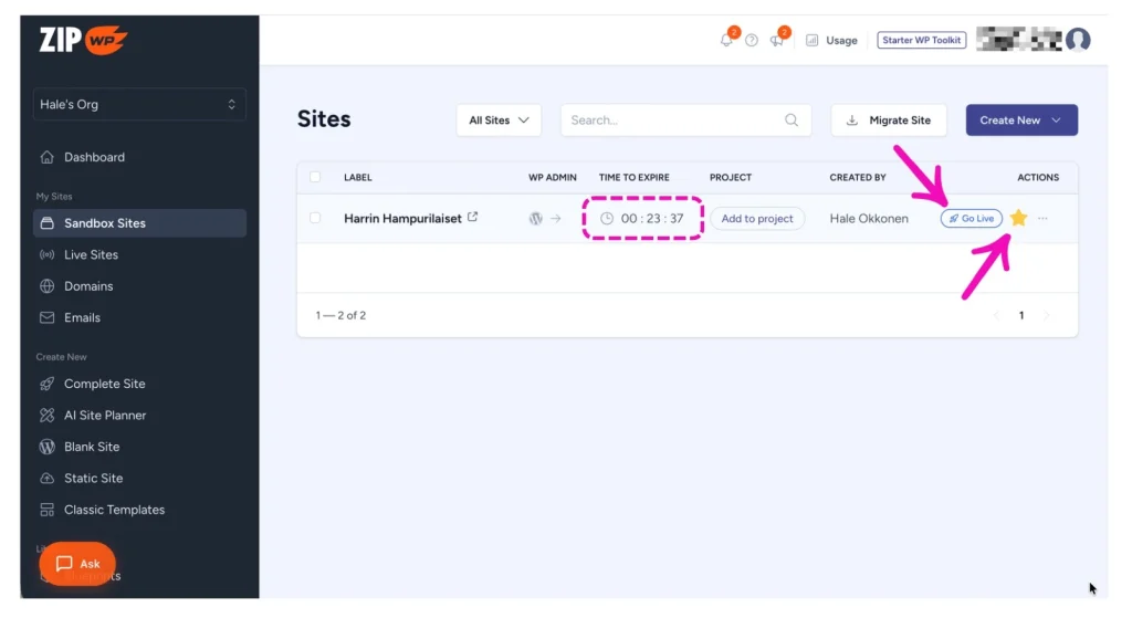 ZipWP-opas: Näin teet itse WordPress-sivuston tekoälyllä Kuva ZipWP:n hallintapaneelista.