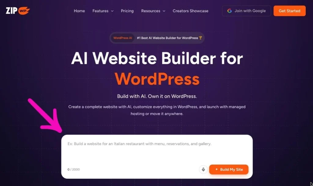 WordPress-kotisivut tekoälyllä yritykselle: kokemukseni ZipWP:stä ZipWP:n AI Website Builderin aloitusnäkymä, jossa WordPress-sivuston kuvaus kirjoitetaan omin sanoin tekstikenttään.