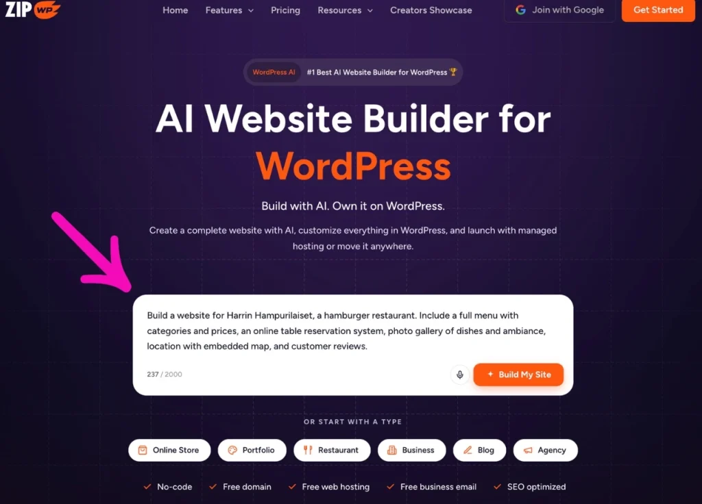 ZipWP-opas: Näin teet itse WordPress-sivuston tekoälyllä ZipWP:n AI Website Builderin aloitusnäkymä, jossa WordPress-sivuston kuvaus kirjoitetaan omin sanoin tekstikenttään.