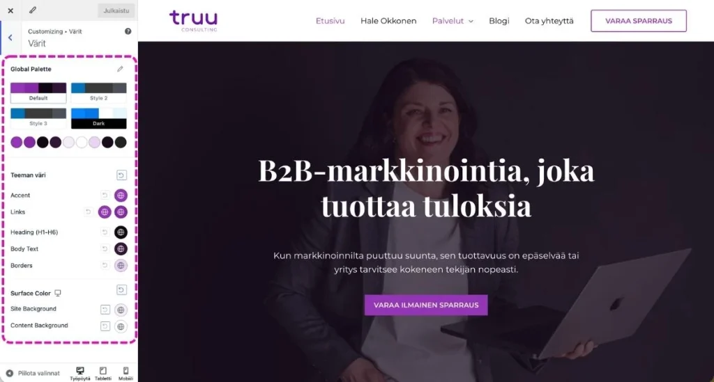 WordPress-kotisivut tekoälyllä yritykselle: kokemukseni ZipWP:stä Truu Consultingin WordPress-sivuston violetin väripaletin muokkausasetukset ZipWP:ssä ja sivuston esikatselu.